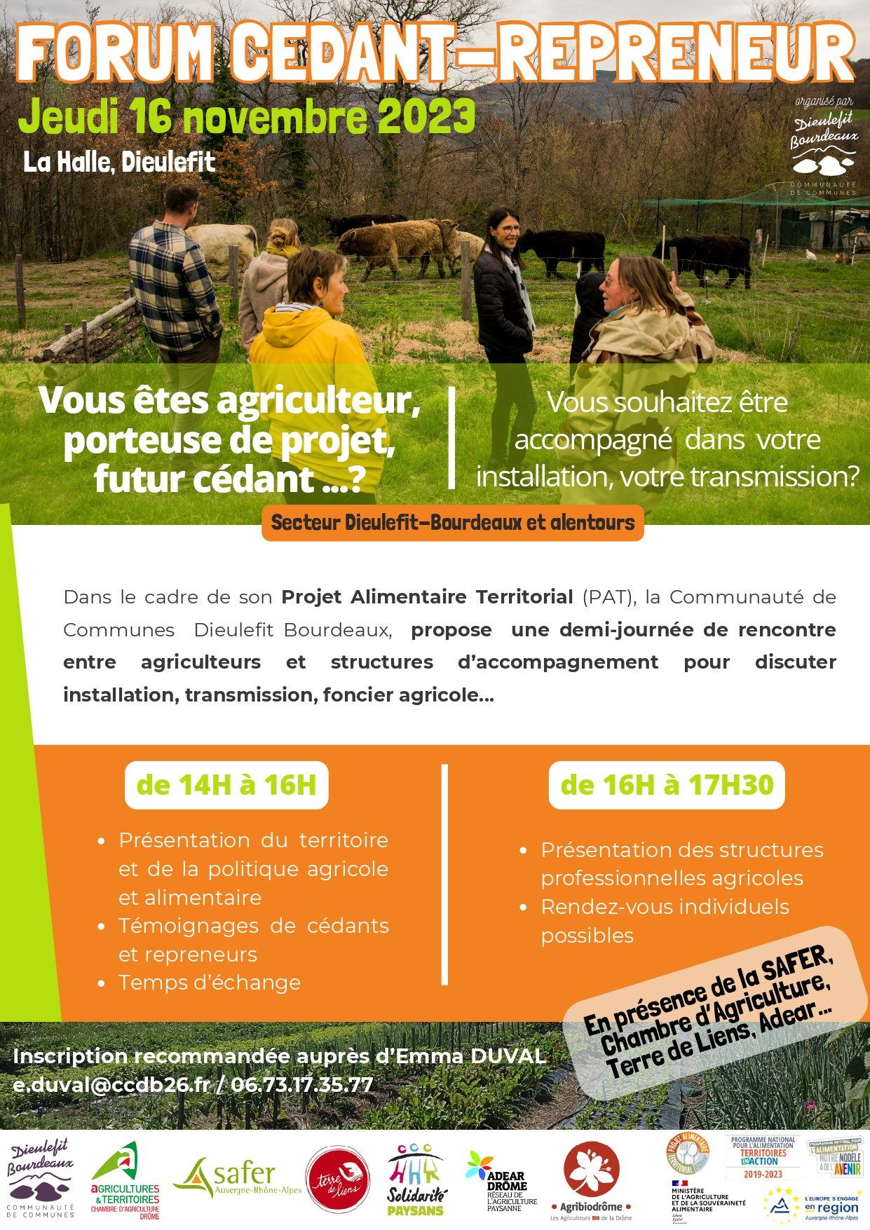 Affice-de-com-Forum-Cedants-Repreneurs-16nov-CCDB_page-00011 Edmond Tardieu, agriculteur à Vesc, et Emma Duval, chargé de mission foncier agricole à la CCDB.