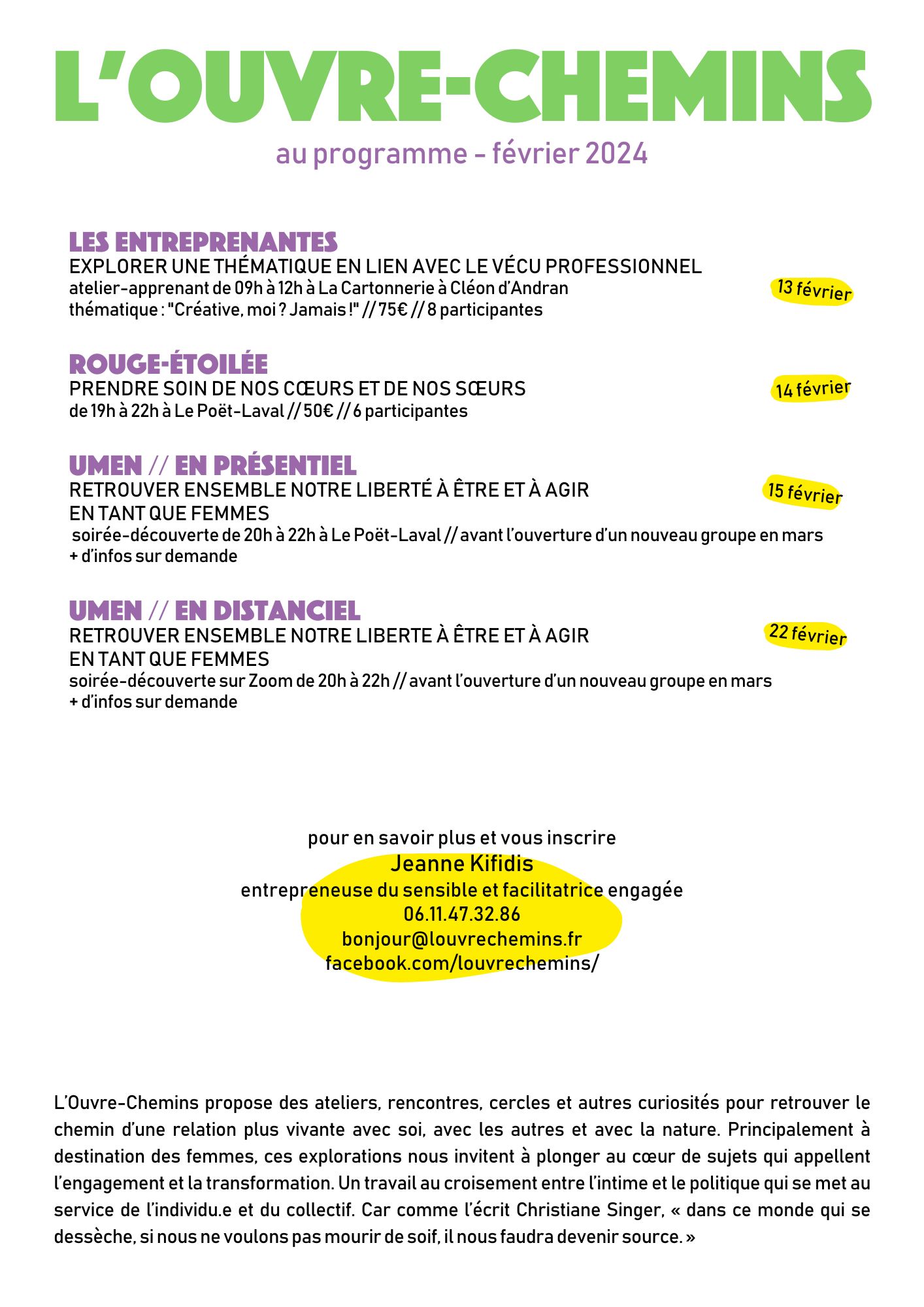 Le programme de L'Ouvre-Chemins en février 2024.
