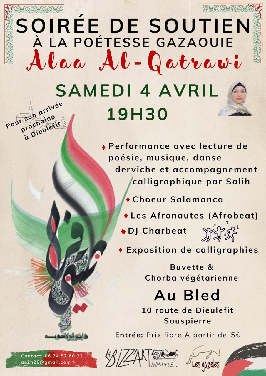 Soirée de soutien à la poétesse palestinienne Alaa Al Qatrawi, Samedi 4 avril 2026 au Bled 